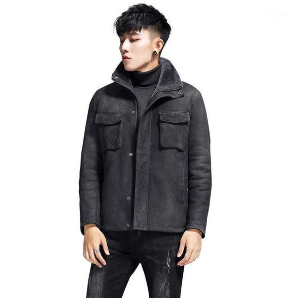 

men's leather & faux real genuine jacket men winter natural fur coat vintage shearling motorcycle sheepskin xz-a-198179, Black