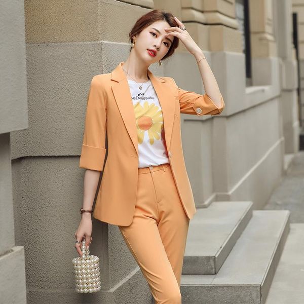 

green orange black casual pant suit women s-4xl single button half sleeve sets jacket and office ladies work blazer women's two piece p, White