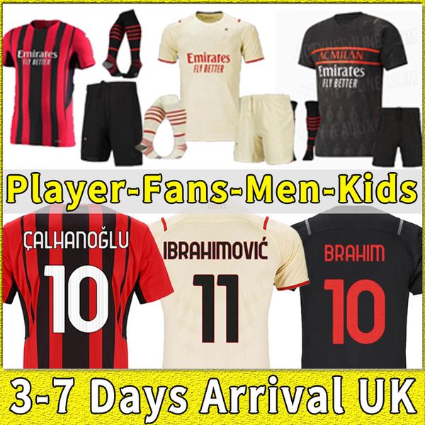 

2021 2022 ac soccer milan jerseys ibrahimovic donnarumma tonali theo mandzukic kessie men kid kits football home away third shirts 21 22 pla, Black;yellow