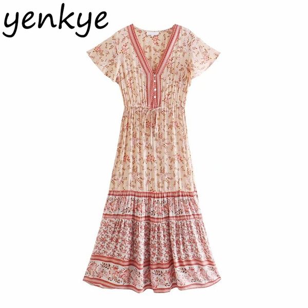 

holiday boho long maxi dress women short sleeve drawstring waist floral print vestido mujer a-line casual summer dresses 210514, Black;gray