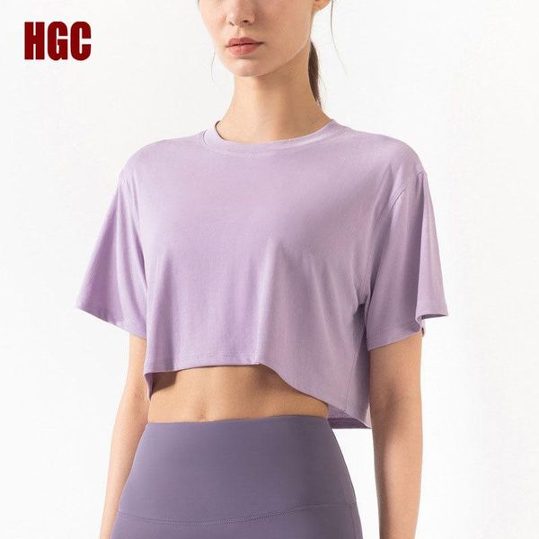 

yoga outfit hgc sports t-shirt short sleeve gym crop fitness women loose naked-feel fabric buttery-soft workout slim leisure blouse