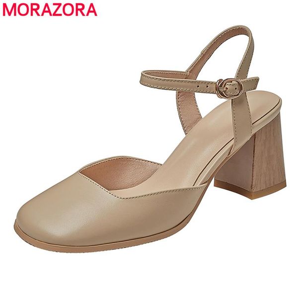 

dress shoes morazora size 34-43 genuine leather sandals women buckle square high heels summer fashion ladies, Black