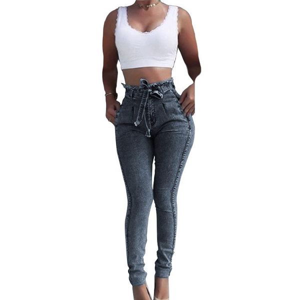 

women's jeans summer ripped belt woman vintage high waist lace up boyfriend for women casual denim harem pants trousers, Blue