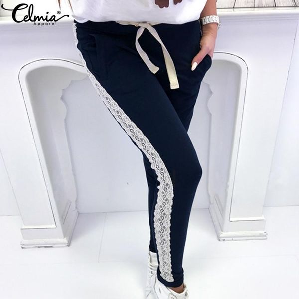

women's pants & capris celmia women high waist skinny sweatpants 2021 autumn lace patchwork trousers casual drawstring tight pant plus, Black;white