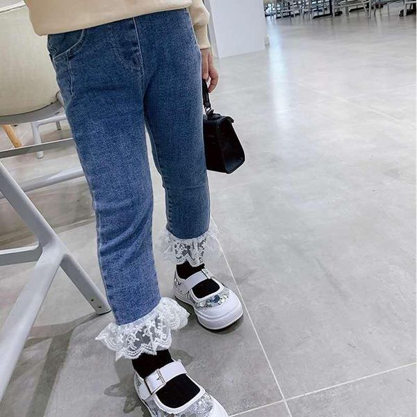 

girls' pants trousers lace stretch jeans 2021 autumn children's wear 3-8 years old cotton mid-waist rubber band, Blue