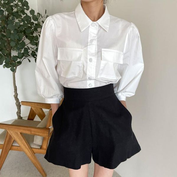 

women's tracksuits summer fashion temperament simple lapel single-breasted puff sleeve shirt high waist casual wide leg pants shorts se, Gray