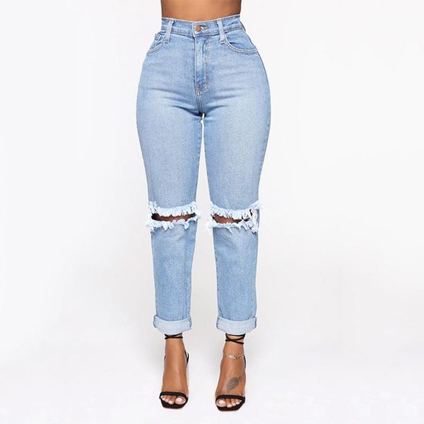 

ladies jeans plus size high waist torn edge pencil boyfriend fashion women's, Blue