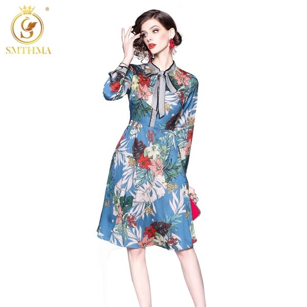 

fashion women spring runway dress long sleeve elegant bow tie vintage printed casual holiday chic dresses 210520, Black;gray