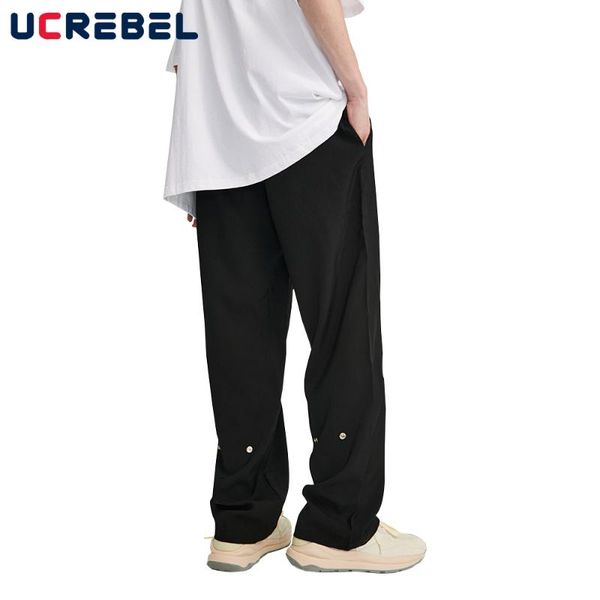 

men's pants solid color wide leg mens streetwear elastic waist casual loose straight-leg trousers men, Black