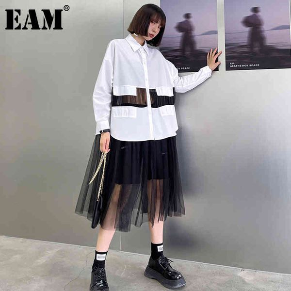

[eam] women white mesh spliced big size shirt dress lapel long sleeve loose fit fashion spring autumn 1dd7933 21512, Black;gray