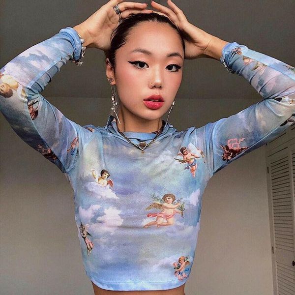 

women's blouses & shirts meihuida fashion women see-through sheer mesh fishnet t-shirt crop cute angel printed female summer, White