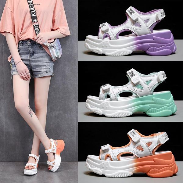 

summer sandals for women wedge shoes hook-loop microfiber ins high platform trend gladiator, Black