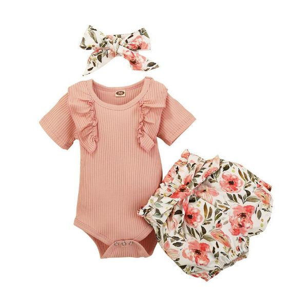 

summer baby girl outfit set short sleeve ruffle romper flower shorts hairband girls clothing 0-24m sets, White