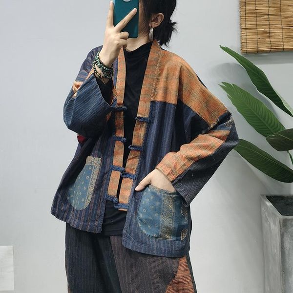 

women's jackets johnature women patchwork coats vintage cotton pocket button loose v-neck long sleeve 2021 autumn chinese style casual, Black;brown