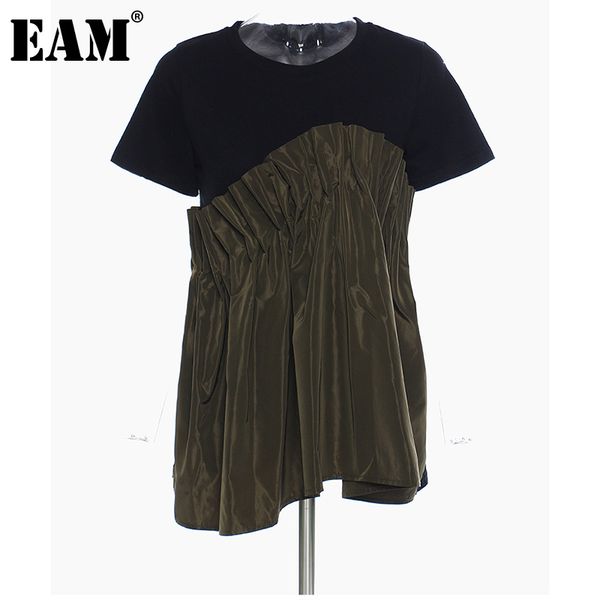 

[eam] women army green irregular pleated long t-shirt round neck long sleeve fashion spring summer 1dd6626 210512, White
