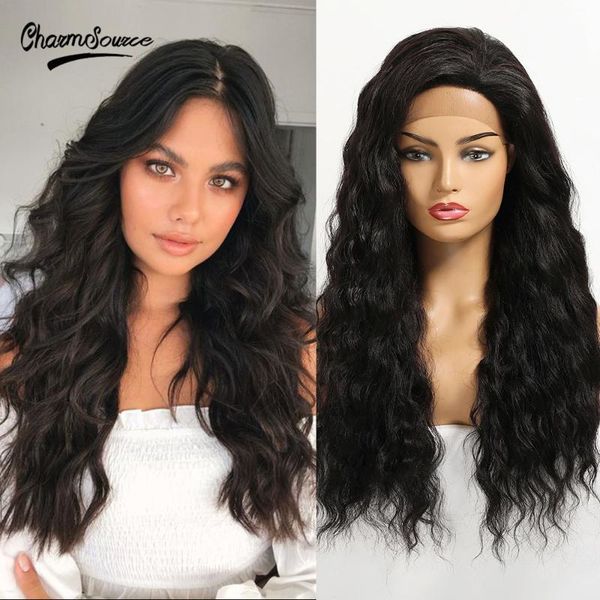 

charmsource long wavy length front lace synthetic black wig for white and women daliy party wedding hair wigs