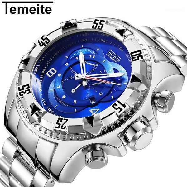

temeite men quartz watch gold blue stainless steel clock big dial calendar waterproof watches relogio masculino wristwatches, Slivery;brown
