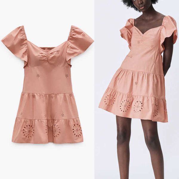 ZA openwork bordado mini vestido mulheres short ruffled manga verão vestido smocked elástico plissado rosa bordado vestidos 210602