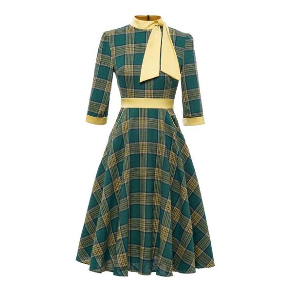 

casual dresses folobe 2021 hit the color high collar green lattice 3/4 sleeve bowknot lace hepburn style retro big swing for women, Black;gray