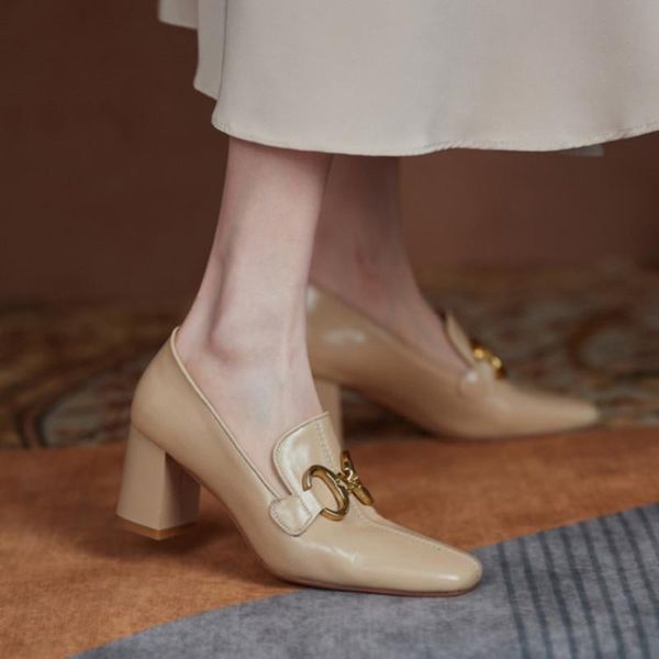 

dress shoes brand gold metal chain pumps women block high heels woman square toe natural genuine leather nude brown, Black