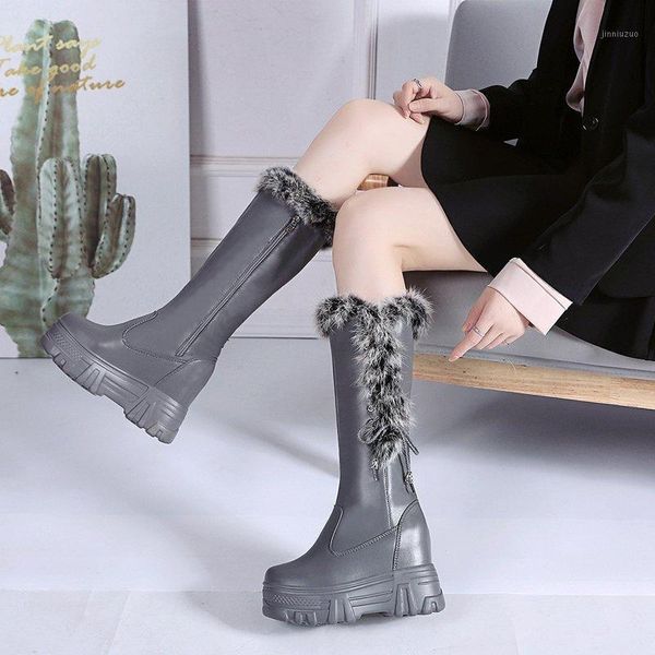 

boots fur wedge knee high women shoes hidden heel long winter chunky platform thigh botas mujer1, Black