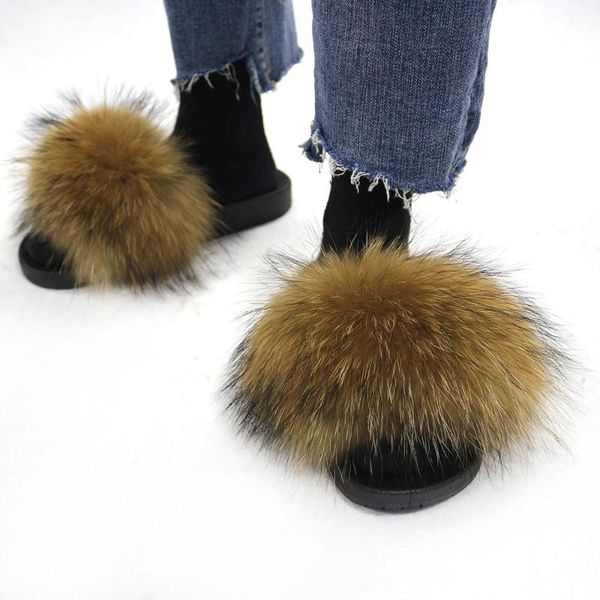 

slippers luxury real raccoon fur slides fashion furry flat soles soft summer flip flop sandals, Black