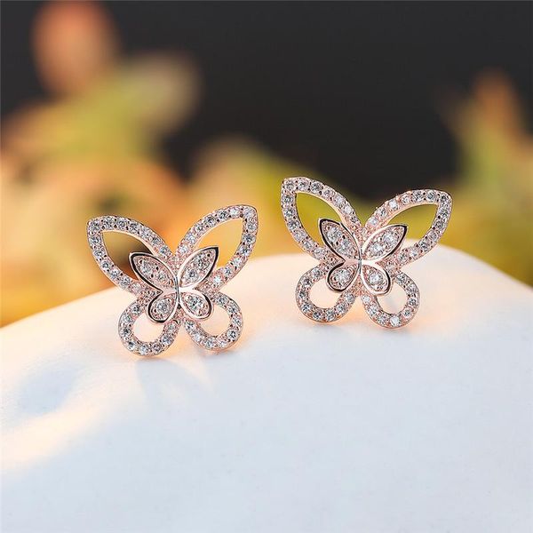 

vintage fashion gold/rose gold/silver color animal earrings cute butterfly white zircon stud for women wedding jewelry, Golden;silver