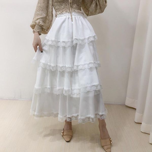 

skirts [ewq] 2021 spring sweet lace-trimmed layered ruffled korea loose high waist mid-calf white skirt qv09200, Black