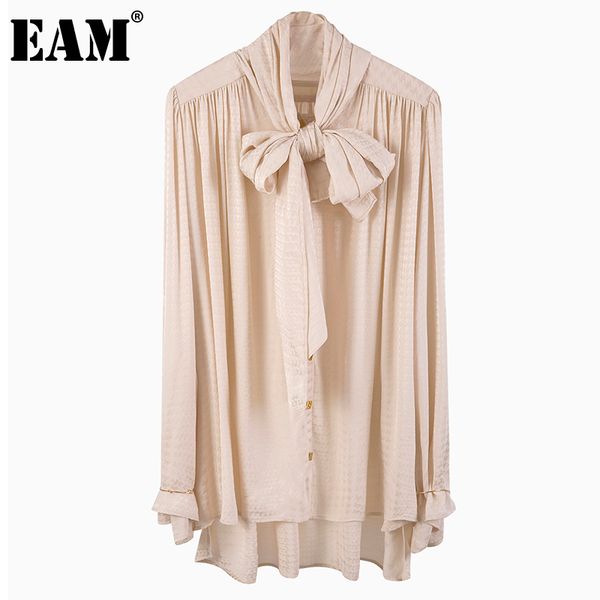 

[eam] women apricot pleated irregular big size blouse bow collar long sleeve loose shirt fashion spring autumn 1dd6344 21512, White