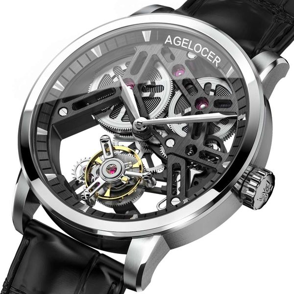 

agelocer watch men wrist luxury mechanical automatic ture tourbillion wrist watch, Slivery;brown