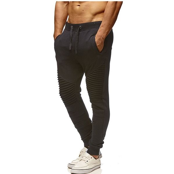 

2021 autumn and winter new european and american men's fitness slim sports pants striped fold stitching casual trousers men, Black