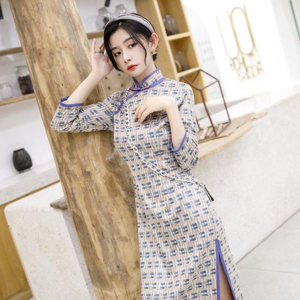 

ethnic clothing vintage plaid elegant women qipao chinese traditional classic mandarin collar cheongsam slim dress big size 4xl vestido, Red