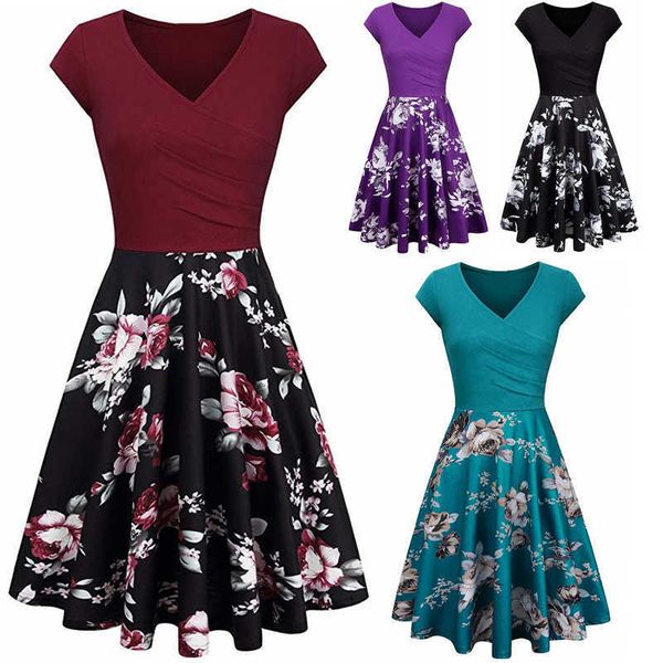 

plus size s-4xl summer women dresses floral print 50s 60s vintage rockabilly casual dot a-line retro female vestidos 210526, Black;gray