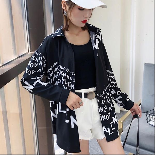 

letters printed buttons women shirt autumn turn down collar long sleeve shirts drop good quality, White