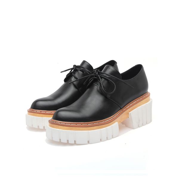 

dress shoes fashion breathable lace up female thick bottom pointed genuine leathe large size 34-43 casual footwear square high hee, Black