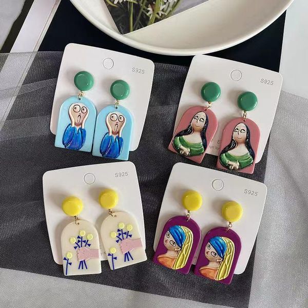 

stud yangliujia acrylic cartoon character retro earrings fashionable sweet girl's jewelry christmas gift, Golden;silver