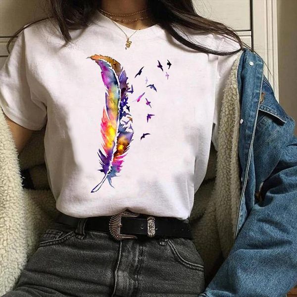 

summer short sleeve graphic aesthetic women casual watercolor feather fashion 90s print clothes lady tees female, White