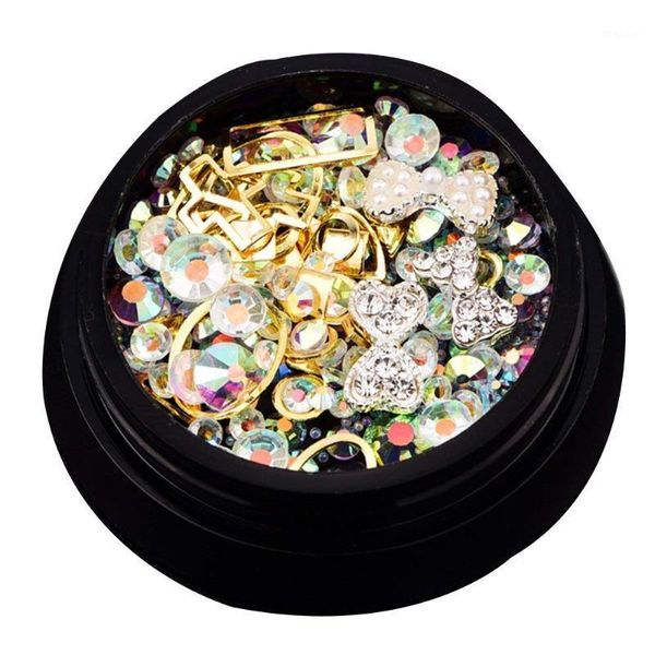 

one box nail art decoration tools set rivet fruit crystal rhinestone mixed size flat back 3d manicure accessories gold decorations1, Silver;gold