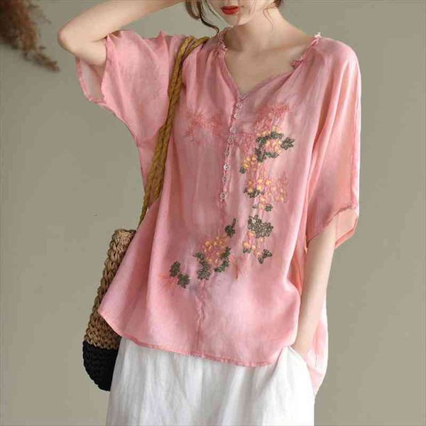 

but not transparent summer women blouses embroidered v neck short sleeve loose plus size blusas mujer de moda, White