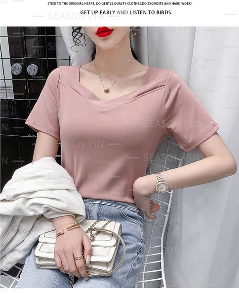 

women's tees summer new short-sleeved v-neck korean style self-cultivation western-style clothes solid color t-shirt bottoming shirt71, White