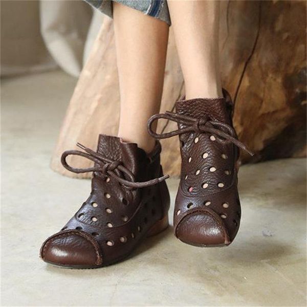 

boots retro handmade flat bottomed cool shoes round head lace up hollow out personality ankle national style breathable sandals, Black