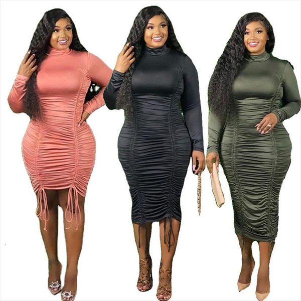 

fall long sleeve elegant women dress turtleneck high waist draped satin stacked plus size wholesale dropshipping, Black;gray