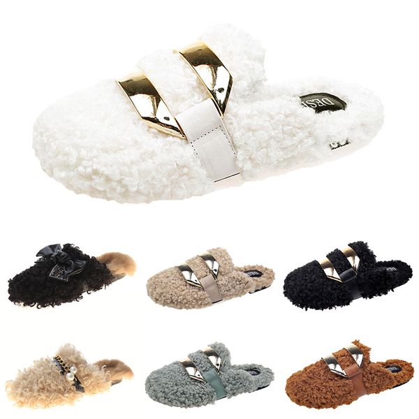 

ale newly autumn winter womens slippers metal chain all inclusive wool slipper for women black white outer wear plus big szie muller half dr