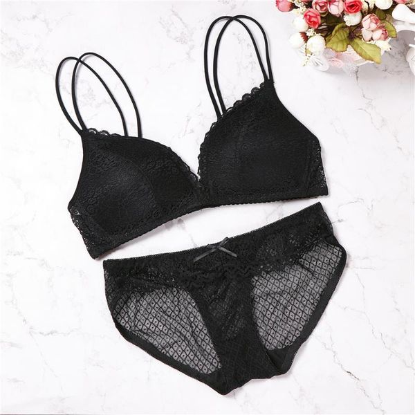 

bras sets 2021 lace lingerie set thin cup bra wireless transparent panties bralette women's underwear, Red;black
