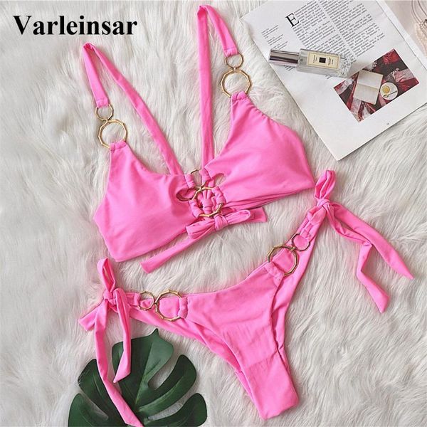

women's swimwear 2021 metal ring bikini women female swimsuit two-pieces set padded thong bather bathing suit swim v3130, White;black