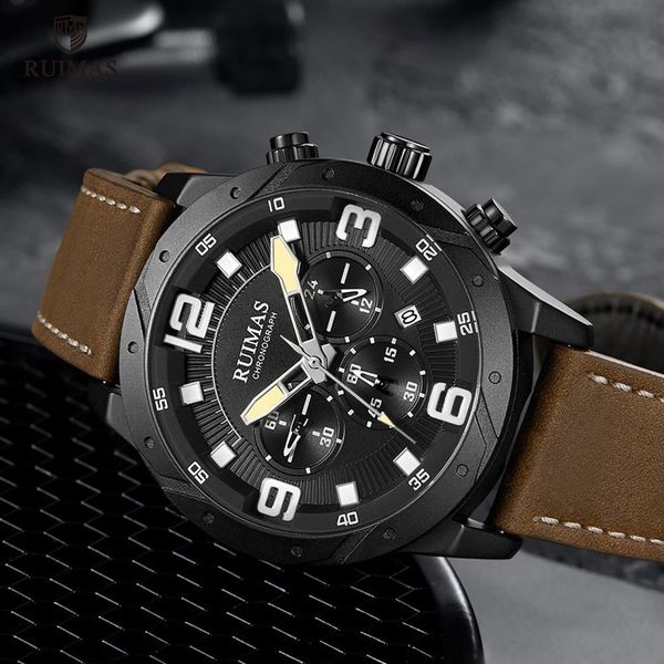 

ruimas watch men luxury brown leather quartz watches military chronograph waterproof wristwatch man relogio masculino clock 5951, Slivery;brown