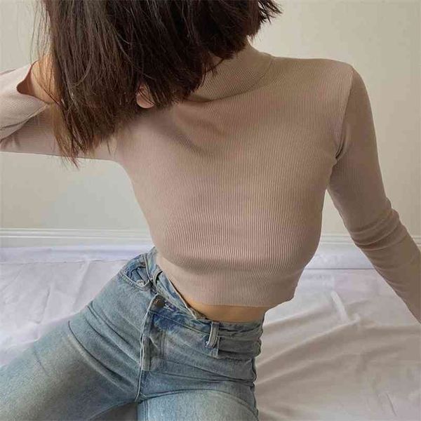 Casual Ribbed Knit Turtleneck Manga Longa Y2K Crop Tops Mulheres T-shirts para meninas Estique feminino curto camiseta roupa 210510