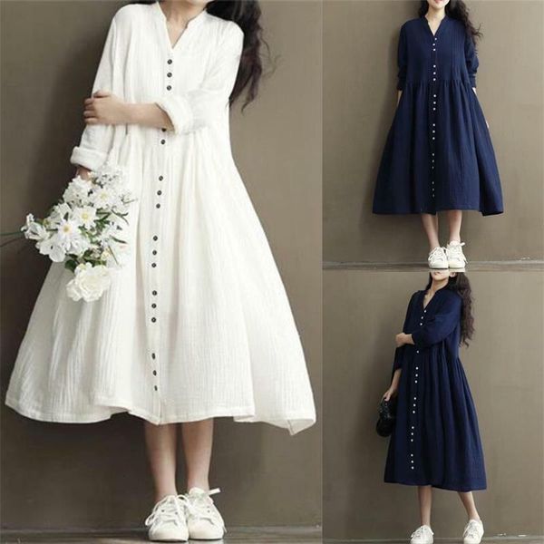 

casual dresses women cotton linen loose tunic button down shirt long maxi a-line dress, Black;gray
