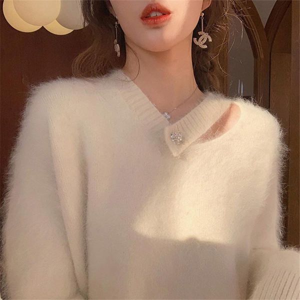 

women's sweaters soft sticky knitted sweater elegant autumn and winter bottoming v-neck mink, White;black