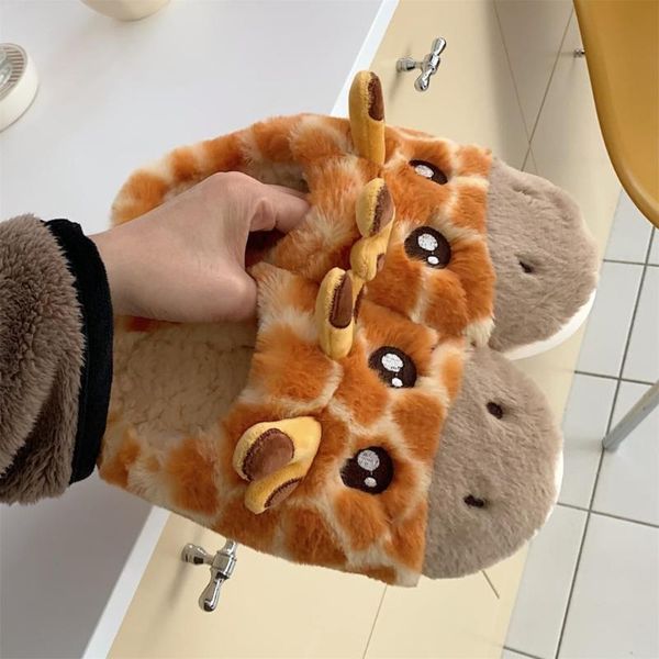 Hausschuhe Winter Indoor Männer Nicht-slip Dicken Boden Plüsch Hause Schuhe Frauen Cartoon Nette Warme Giraffe Baumwolle Paare HausschuheSlippers